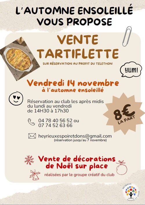 🥔🧀 VENTE DE TARTIFLETTE AU PROFIT DU TÉLÉTHON ! Ԏ