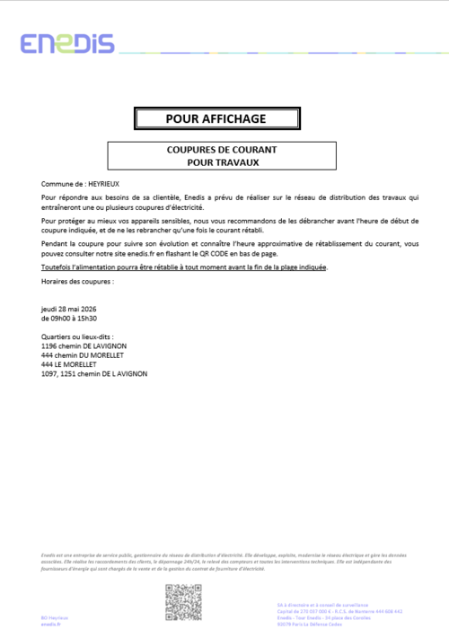 ENEDIS vous informe - Coupure le 28.05.2026