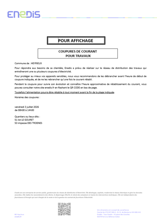ENEDIS vous informe - Coupure le 03.07.2026