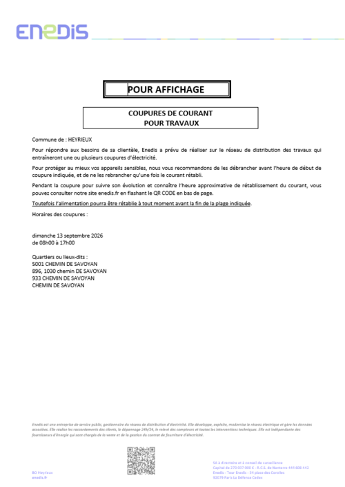 ENEDIS vous informe - Coupure 13.09.2026