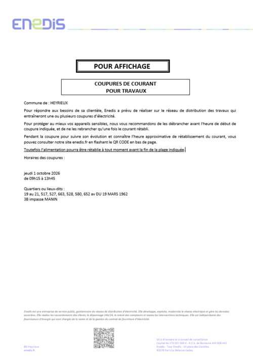 ENEDIS vous informe - Coupure le 01.10.2026