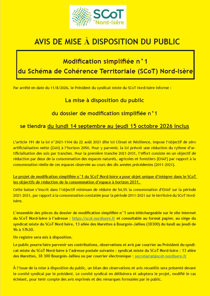 📢 SCoT NORD IS&Egrave;RE - MODIFICATION SIMPLIFI&Eacute;E N�1