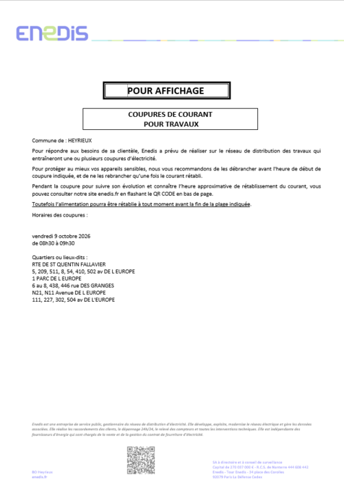ENEDIS vous informe - Coupure le 09.10.2026