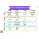 Menu du 20 avril au 15 mai 2026